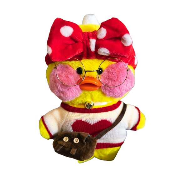 фото Мягкая игрушка lalafanfan duck в красной повязке с бантиком желтая (30 см) mihi-mihi