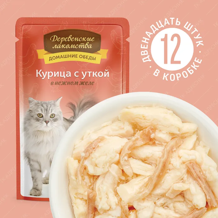 

Влажный корм для кошек Деревенские лакомства Курица с уткой в нежном желе, пауч 70 гр.*12
