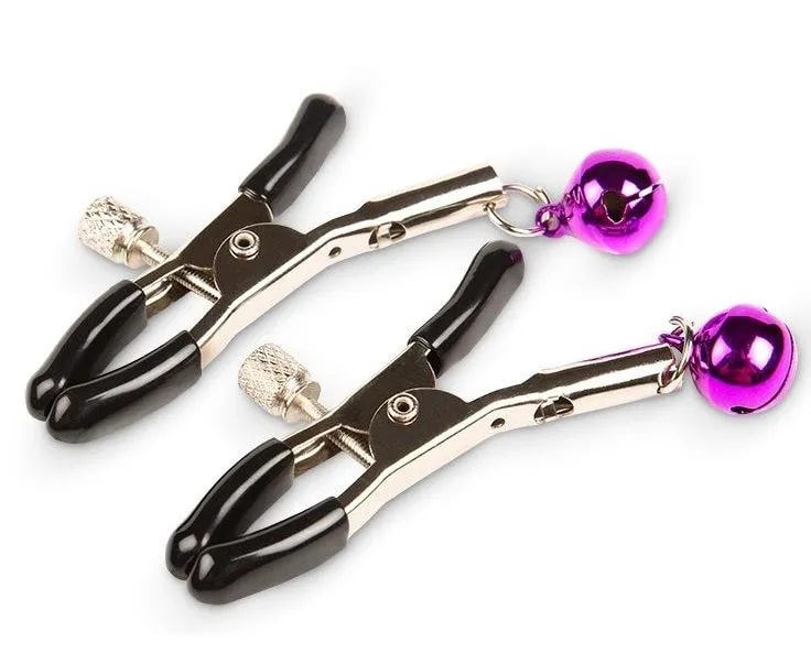 Серебристые зажимы на соски с фиолетовыми шариками, серебристый