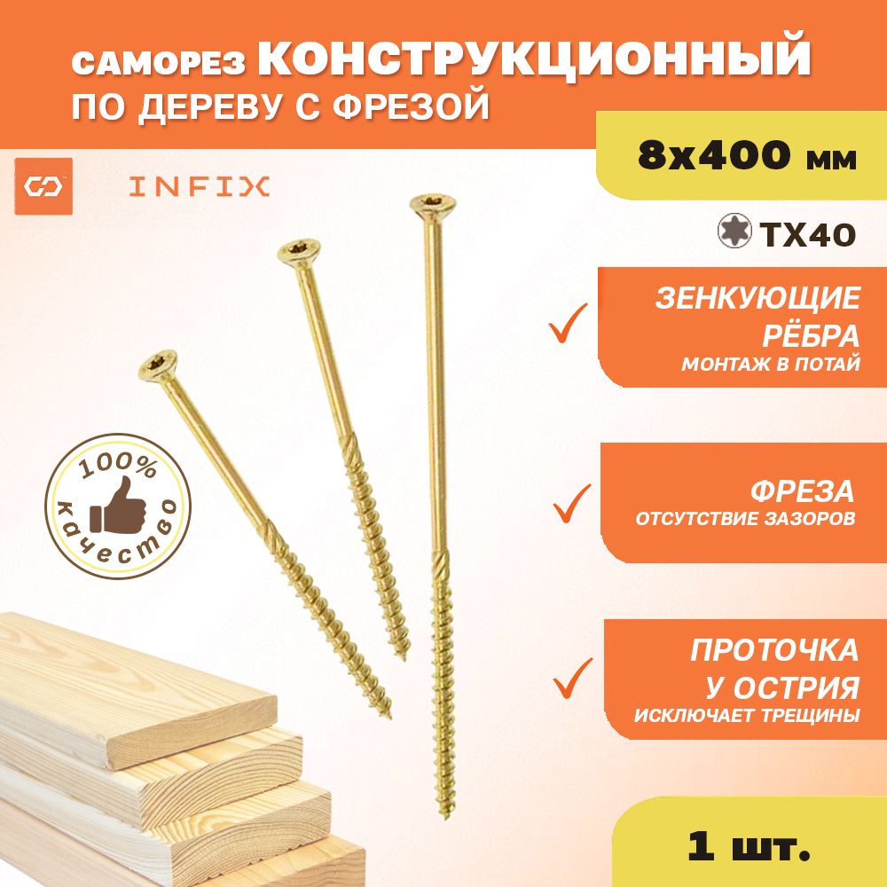 

Саморез INFIX 29455 для дерева, диаметр 8 мм, длина 400 мм, 1 шт.