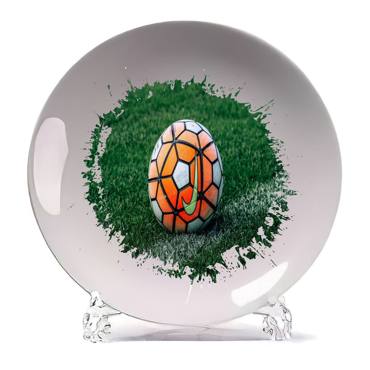 фото Тарелка coolpodarok футбол футбольный мяч найк оранжевый трава