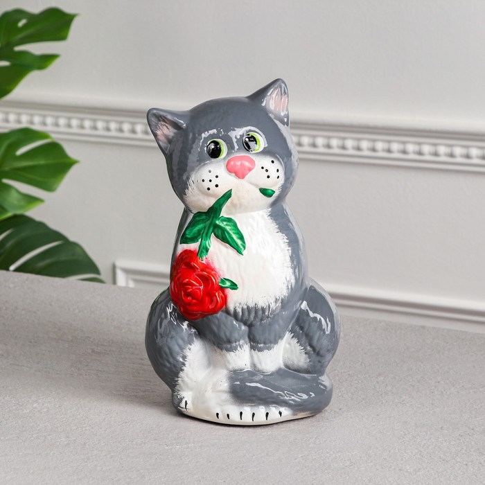 

Копилка "Кот с розой", покрытие лак, серая, 28 см, авторская работа