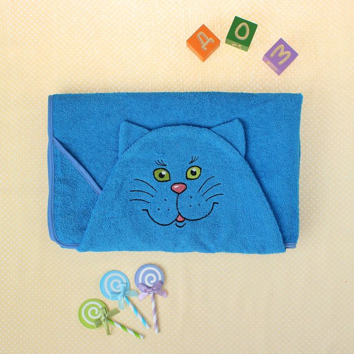 Полотенце-накидка махровое «Котик», размер 75?125 см, цвет голубой, хлопок, 300 г/м?