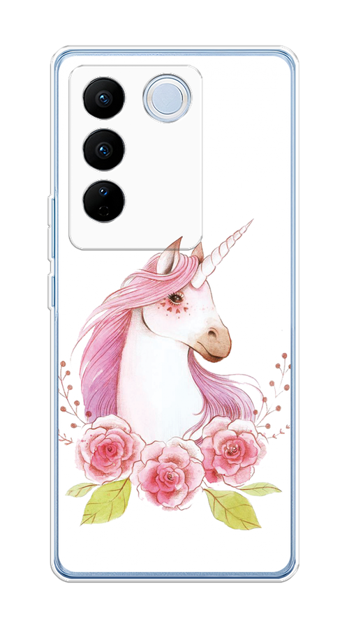 

Чехол на Vivo V27/V27 Pro "Единорог цветы", Белый;розовый;серый, 268450-1