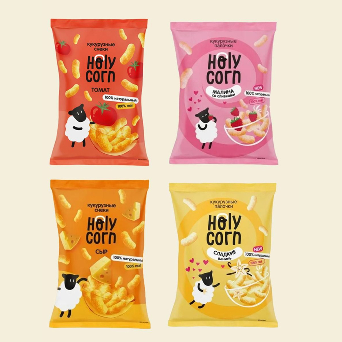 Кукурузные палочки Holy Corn Ассорти Малина, Ваниль, Томат, Сыр, 4 шт по 50 г