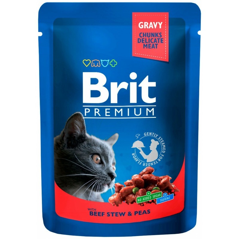 

Влажный корм для кошек Brit Premium с говядиной и горошком в соусе, 85г
