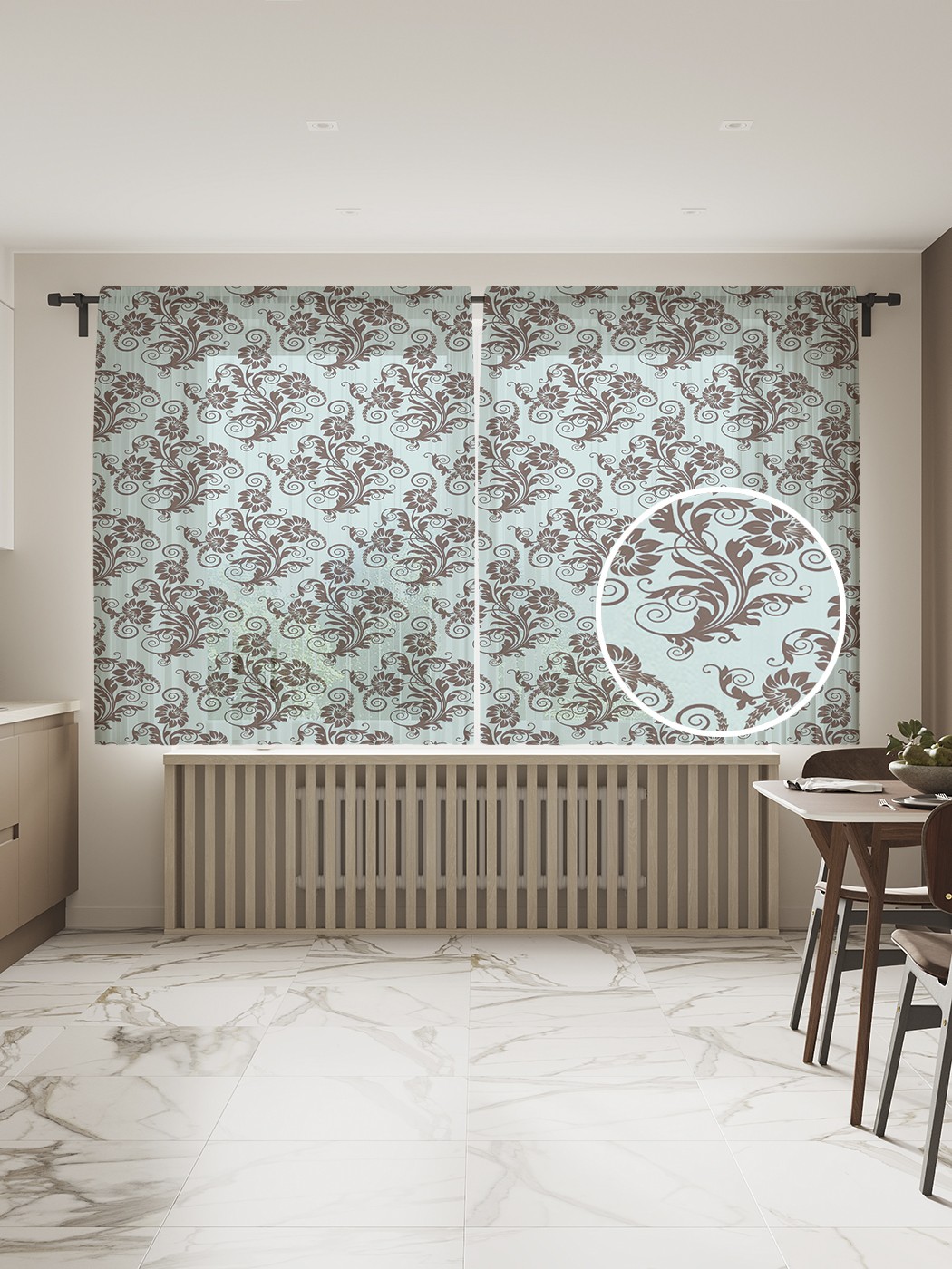 

Фототюль JoyArty "Три цветка с завитками" 145x180см, 2 полотна, лента, 50 крючков, Три цветка с завитками