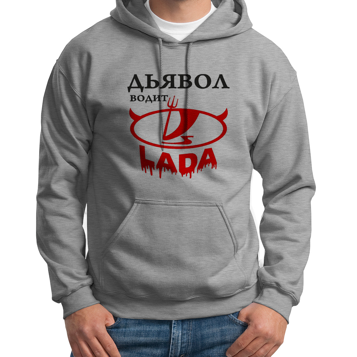 

Худи унисекс CoolPodarok Дьявол водит Lada лада серое 52 RU, S0114154