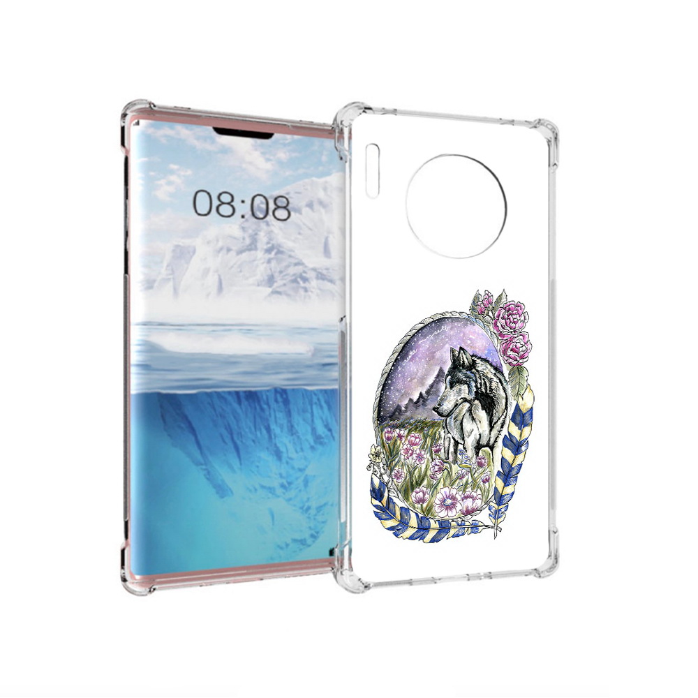 

Чехол MyPads Tocco для Huawei Mate 30 Pro нарисованный волк в цветах с перьями, Прозрачный, Tocco