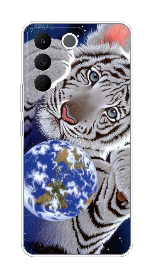 

Чехол на Vivo V27e "Тигренок и Земля", Синий;белый;черный, 268350-1