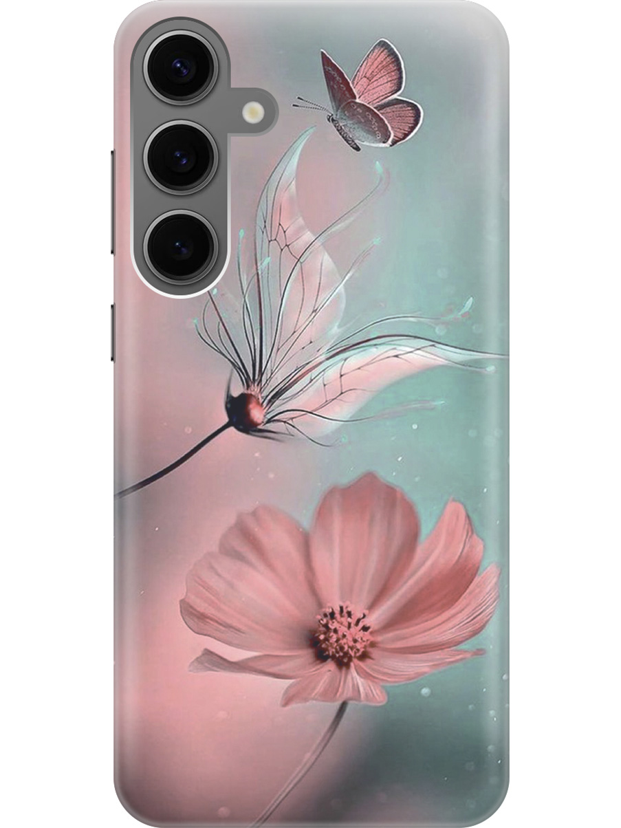 

Силиконовый чехол на Samsung Galaxy S24+ с рисунком "Бабочка и цветы", Голубой;розовый;серый, 20011905