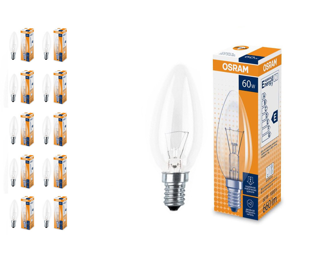 фото Лампа накаливания osram clas b прозрачная 60w e14, 10 шт.