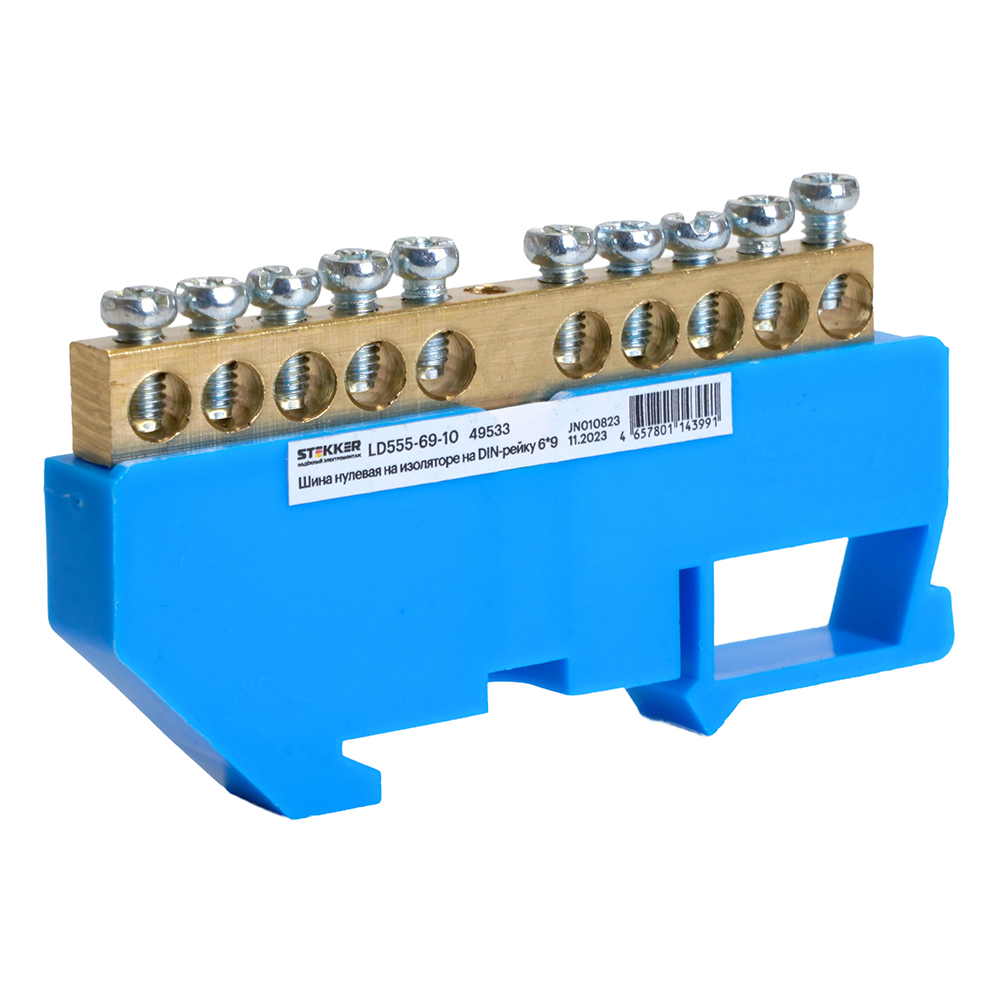 

Шина"N" на изоляторе STEKKER 6*9 на DIN-рейку 10 выводов, синий, LD555-69-10, 49533, LD555-69-10