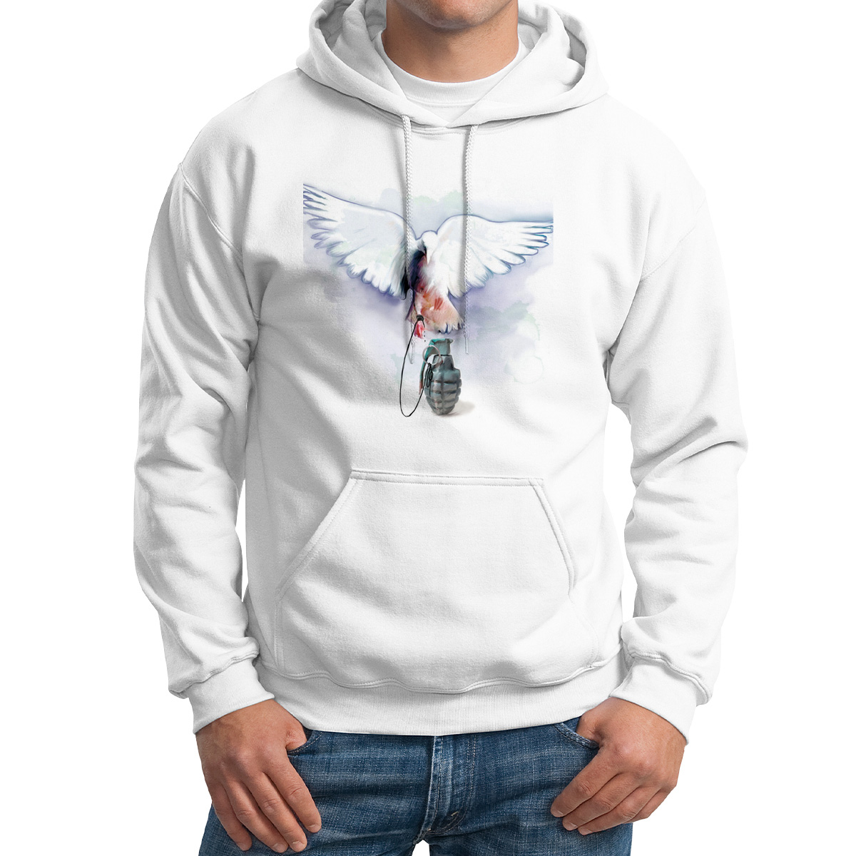 

Худи унисекс CoolPodarok Голубь привязаный к чеке гранаты белое 46 RU, Белый, 6M015825