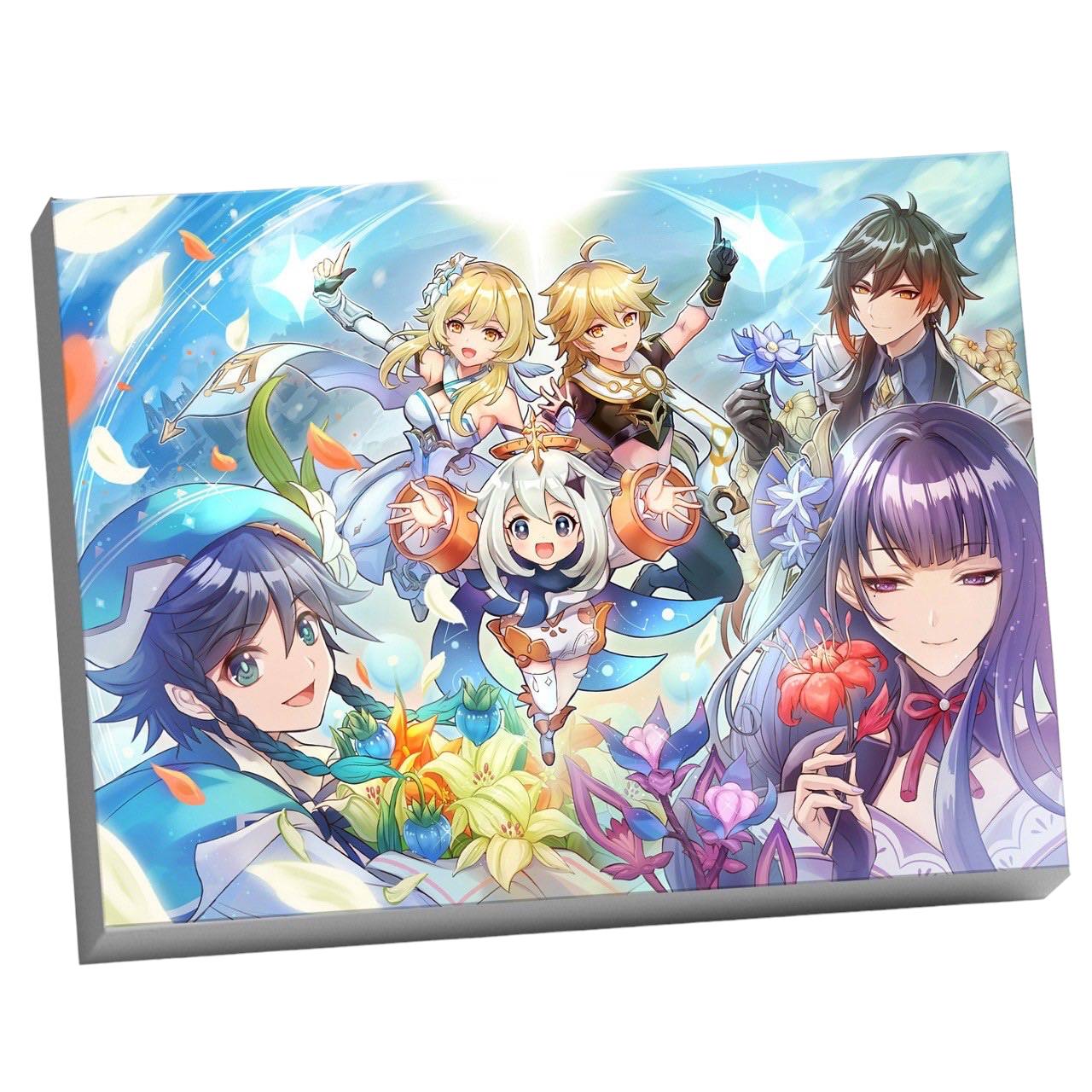 

Картина по номерам 30х40 Геншин Венти, Чжун Ли и Райдэн с путешественниками