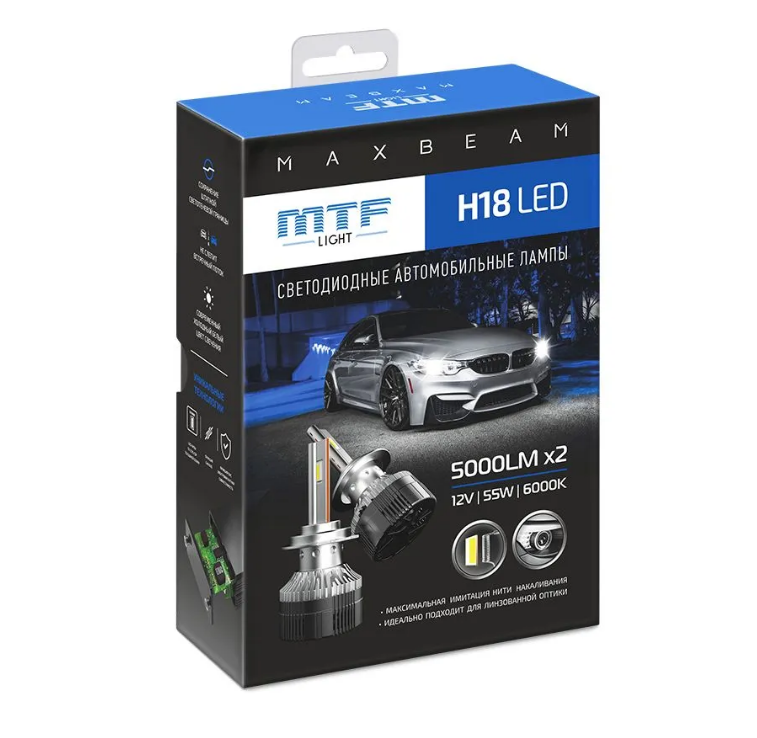 

Светодиодные лампы MTF, серия MaxBeam, H18, 12V, 55W, 5000lm, 6000K, кулер, комплект, MaxBeam