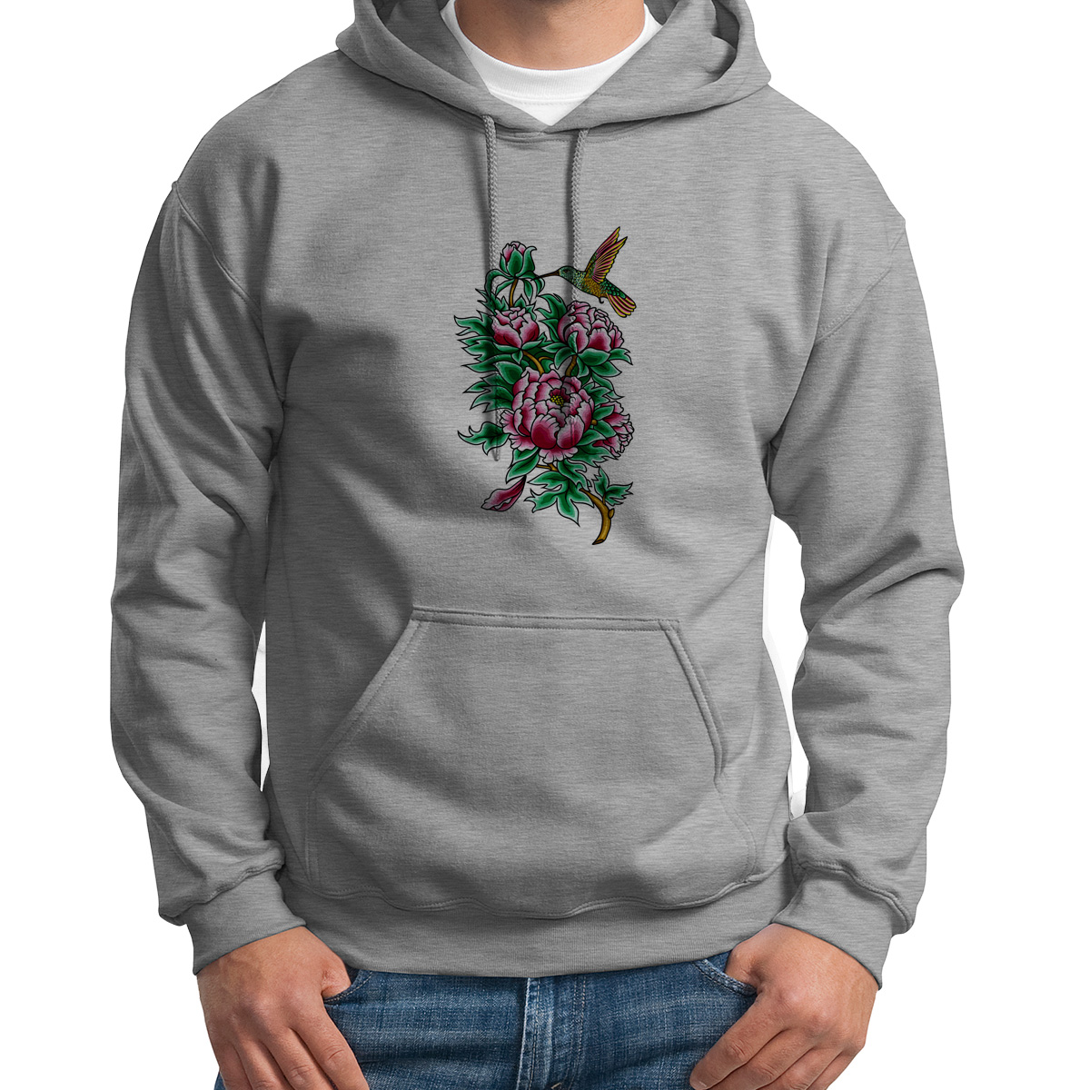 

Худи унисекс CoolPodarok Колибри с пионами серое 48 RU, S0151480