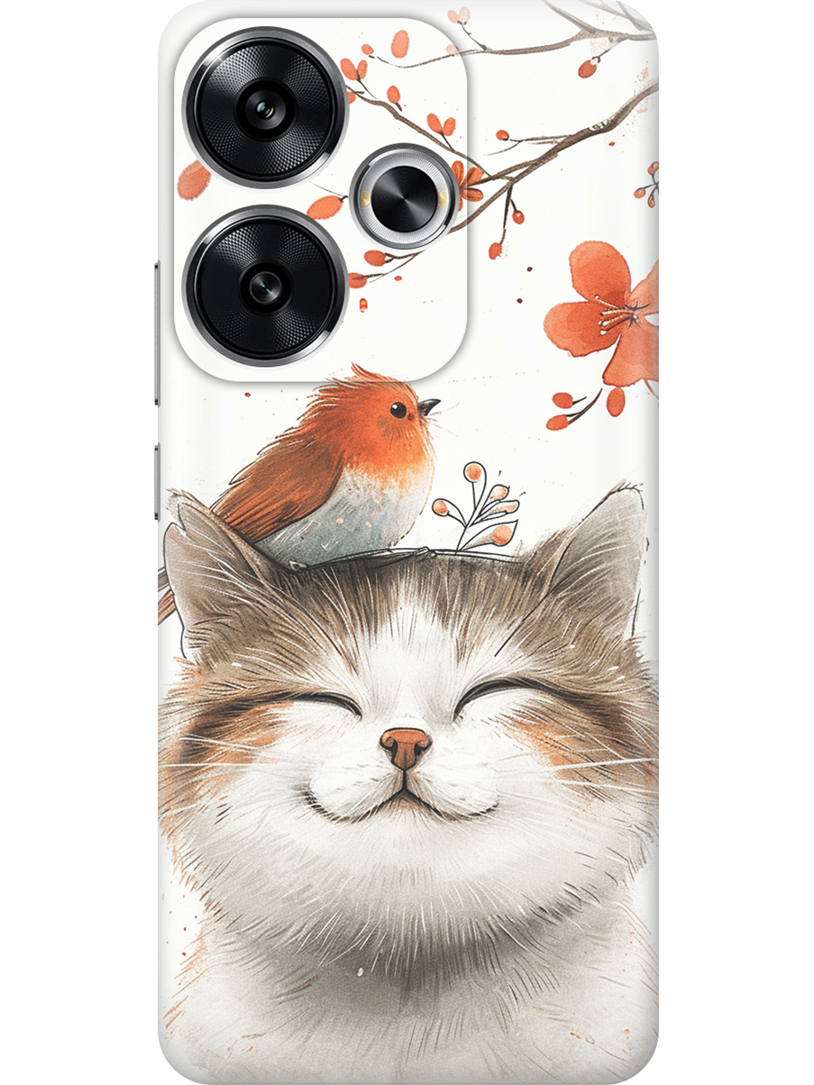 

Силиконовый чехол на Xiaomi Redmi Turbo 3, Poco F6 с принтом "Довольный котик и птичка", Прозрачный;белый;красный, 783980811