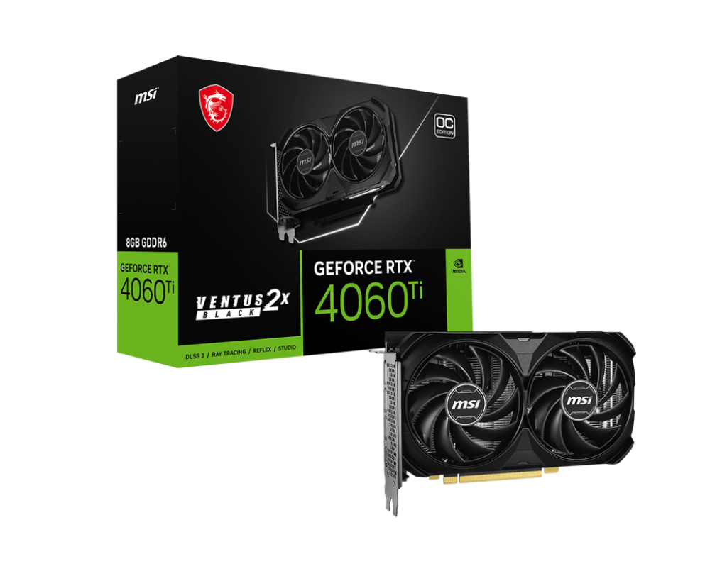 

Видеокарта MSI NVIDIA GeForce RTX 4060 Ti VENTUS 2X BLACK E1 OC, Черный, GeForce RTX 4060 Ti VENTUS 2X BLACK E1 OC