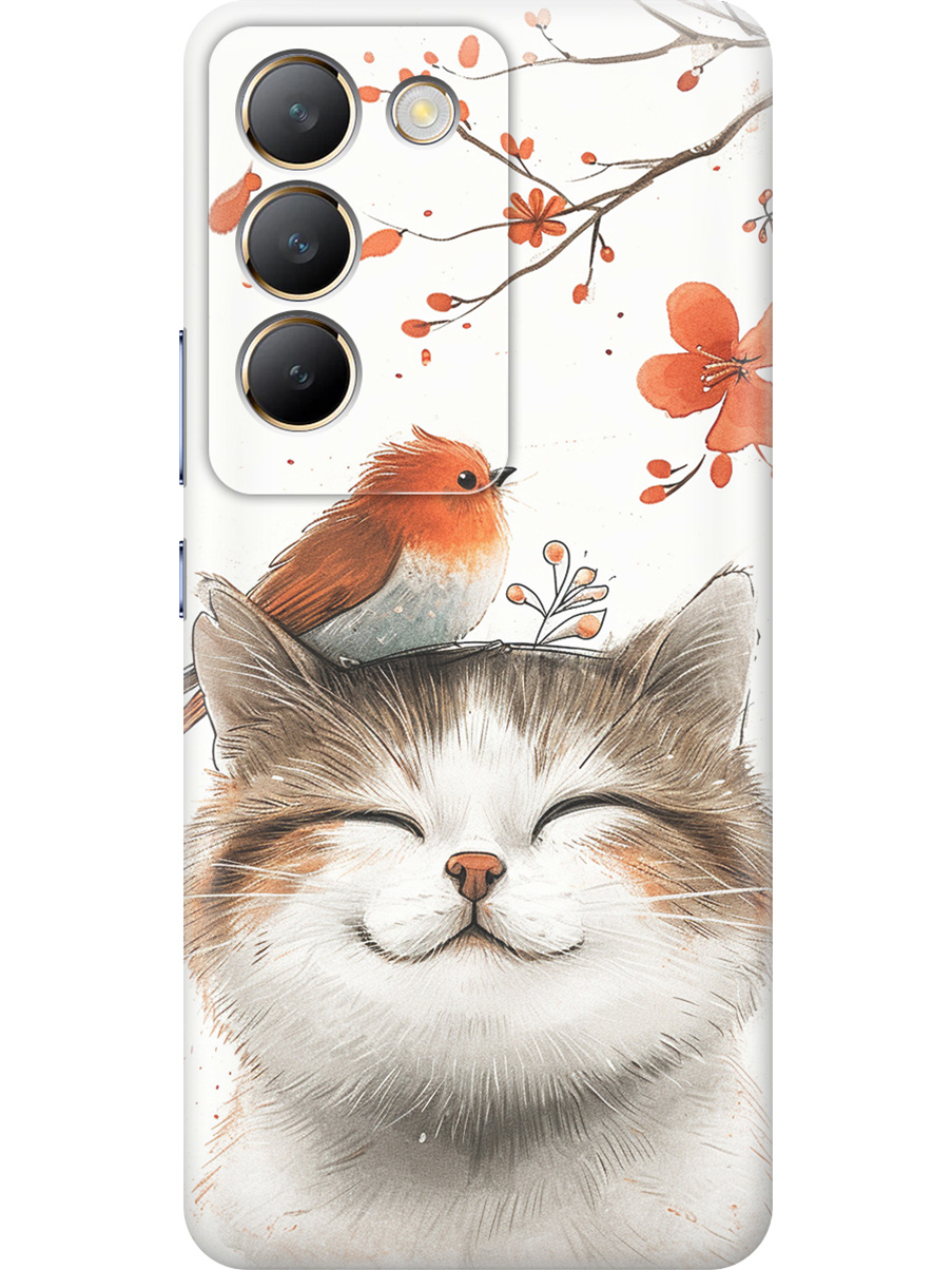

Силиконовый чехол на Vivo V30 Lite 4g с принтом "Довольный котик и птичка", Прозрачный;белый;красный, 783985611