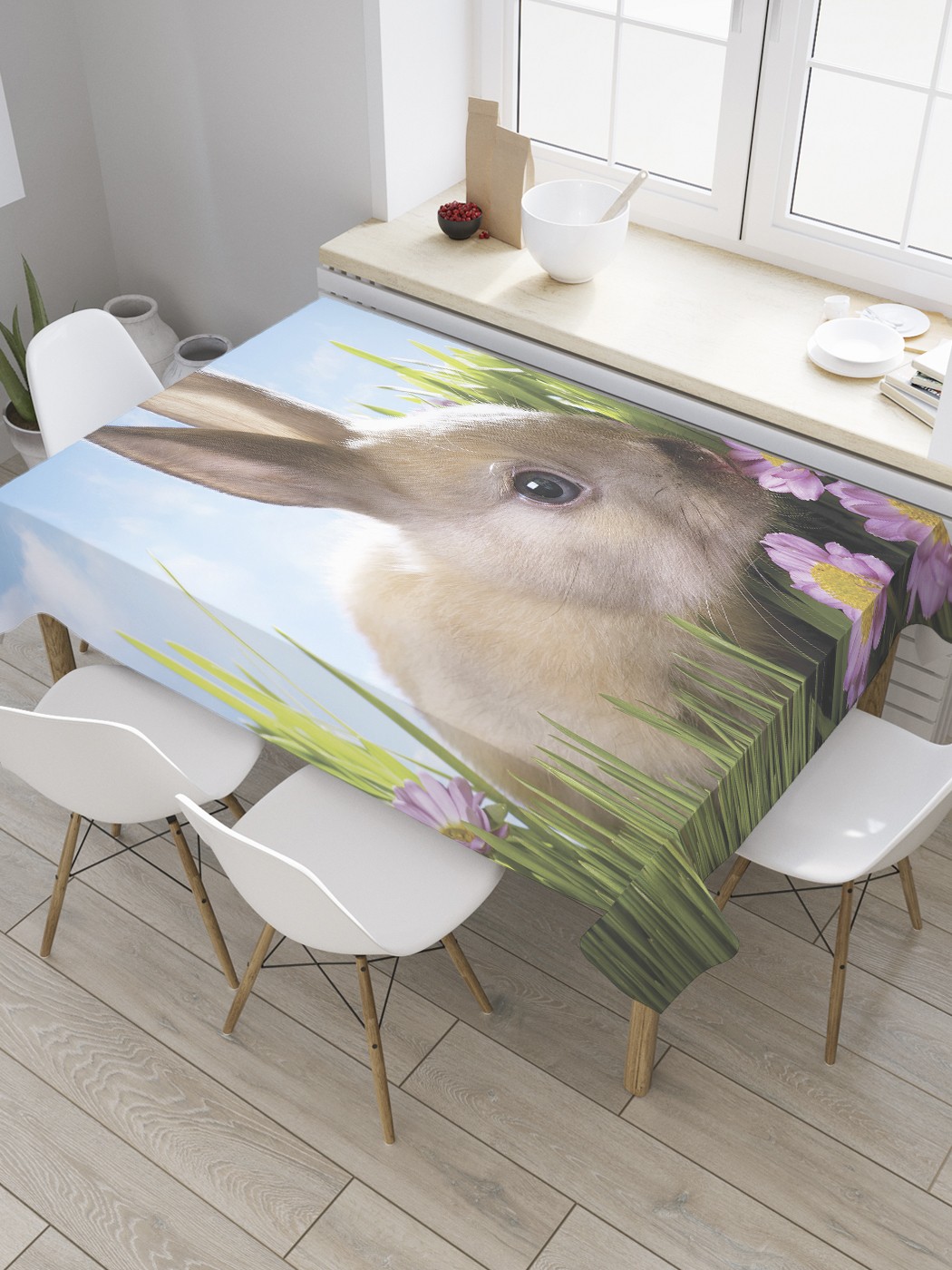 

Скатерть прямоугольная JoyArty "Заяц нюхает цветы" из сатена, 120x145 см, Черный, Заяц нюхает цветы