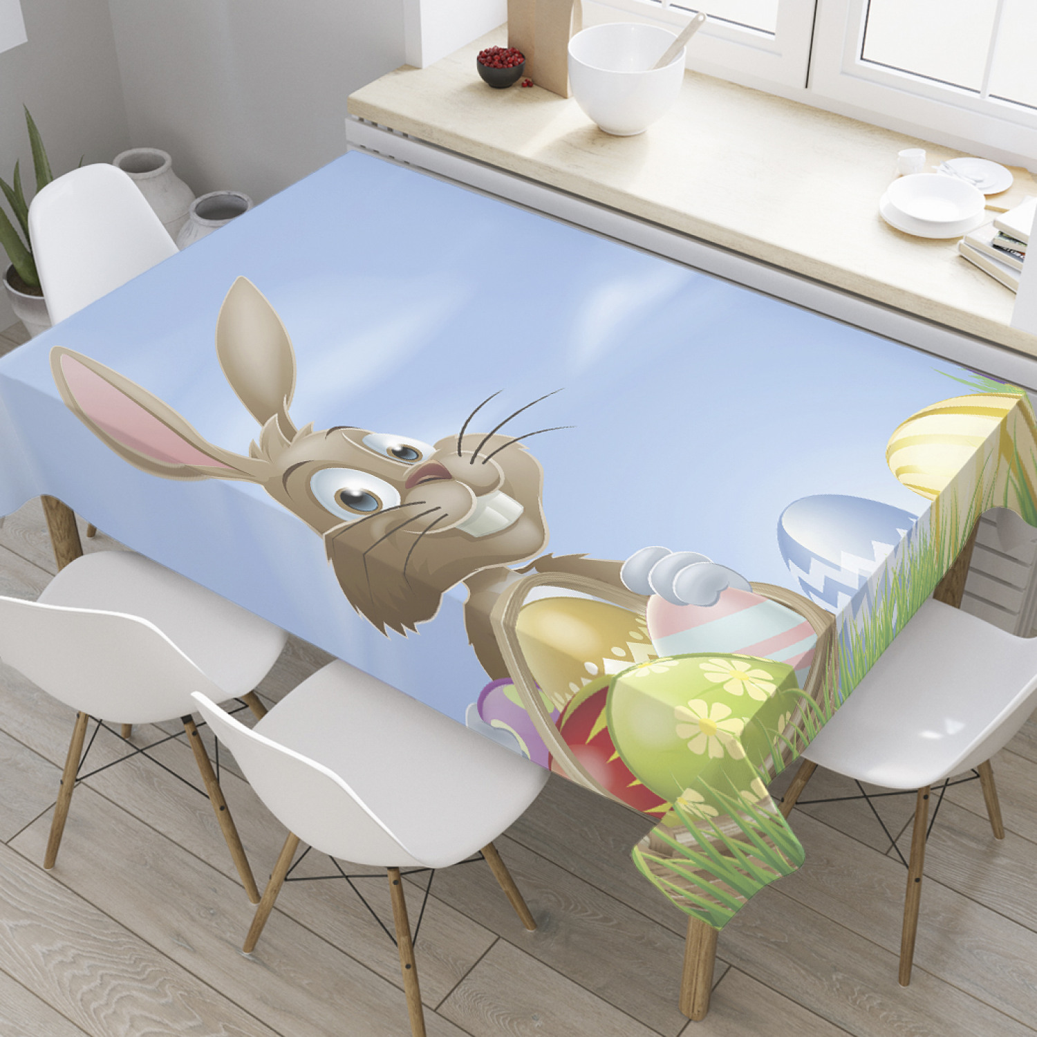 

Скатерть прямоугольная JoyArty "Заяц с пасхальной корзинкой" из сатена, 120x145 см, Голубой, Заяц с пасхальной корзинкой