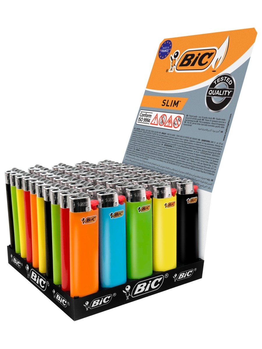 

Зажигалка карманная, газовая, кремниевая, цветная, нерегулируемая, BIC J3 Slim, уп. 50 шт., Разноцветный, Карманная