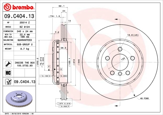 

Тормозной диск brembo комплект 1 шт. 09C40413