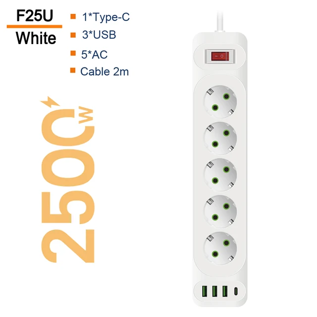 

Удлинитель сетевой фильтр с USB зарядкой, 3 розеток 3 USB +Type-C, f25u