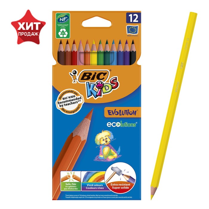 

Карандаши 12 цветов BIC Kids Evolution ECOlutions, детские, ударопрочные, пластиковые, Разноцветные