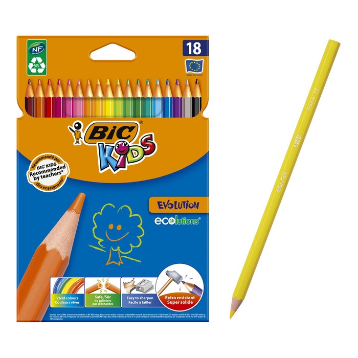 

Цветные карандаши 18 цветов, детские, шестигранные, ударопрочные, BIC Kids Evolution