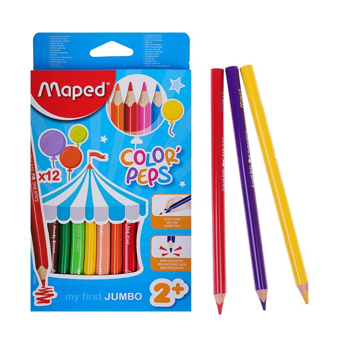 

Карандаши цветные Maped Color Peps Maxi, 12 цветов, утолщённые, европодвес, Разноцветные