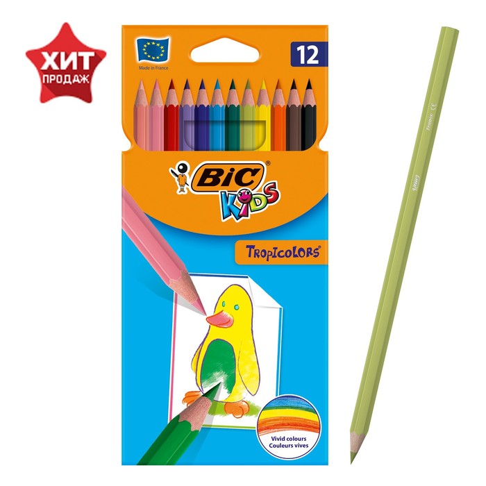 Карандаши 12 цветов BIC Kids Tropicolors, детские, шестигранные, ударопрочные