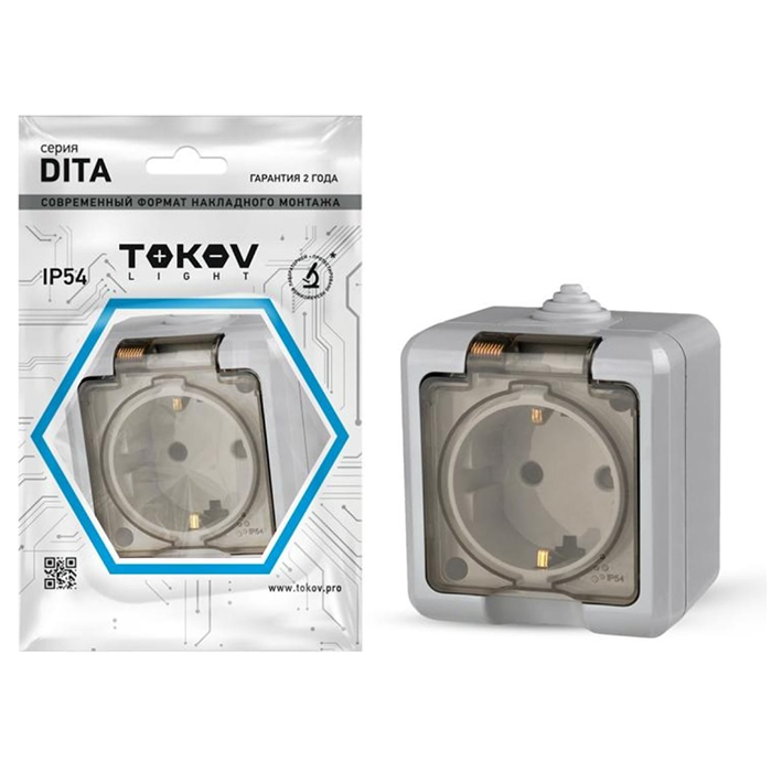 фото Розетка 1-м оп dita 16а ip54 250в с заземл. с прозр. крышкой сер. tokov electric tkl-dt-r1