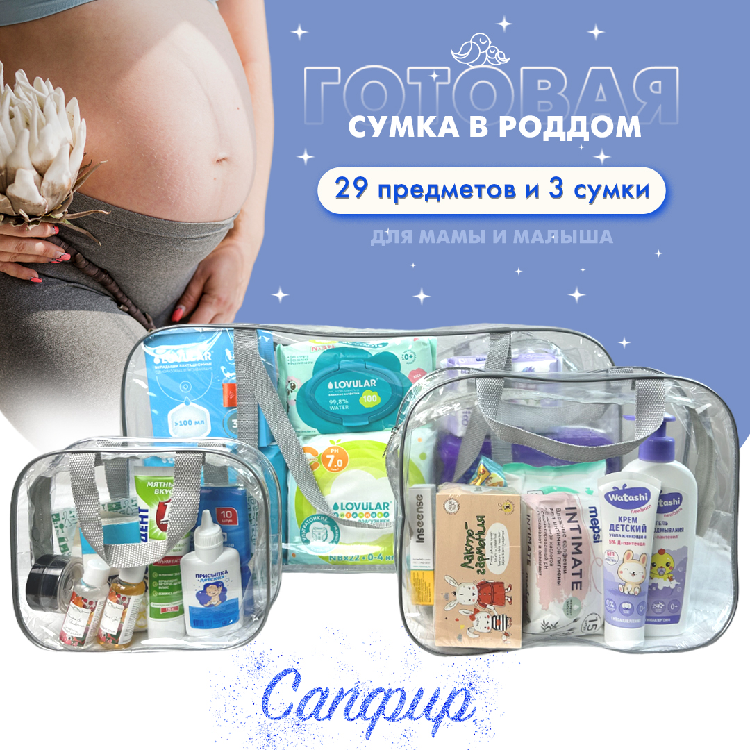 Сумка в роддом готовая для мамы и малыша Чижик-Пыжик, Сапфир, 29 предм, прозрачная