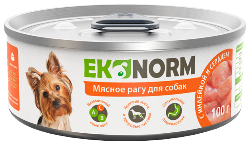 фото Консервы для собак ekonorm, мясное рагу с индейкой и сердцем, 100 г