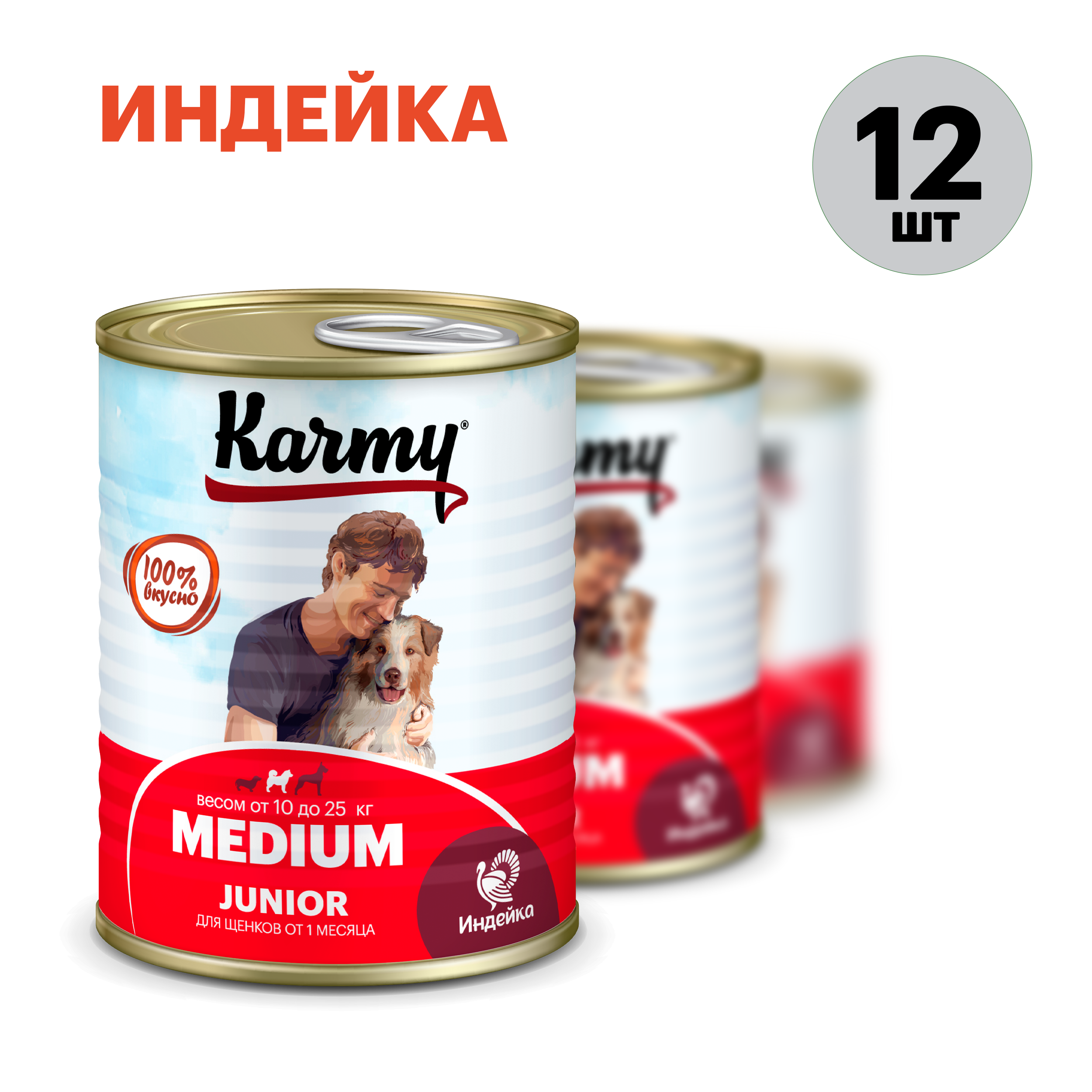 Консервы для щенков KARMY MEDIUM Junior, для средних пород, индейка, 12 шт по 340 г