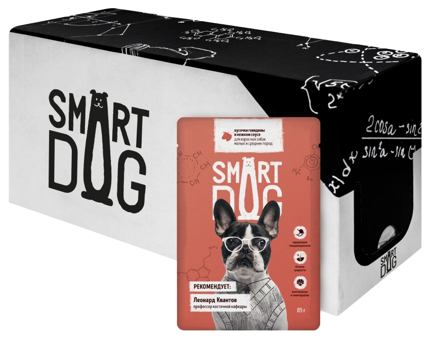 

Влажный корм для собак Smart Dog кусочки говядины в нежном соусе, 25шт по 85г