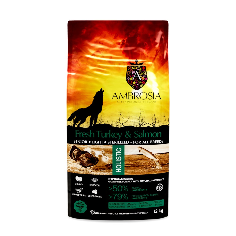 Корм для собак AMBROSIA Grain Free для стерилизованных или пожилых, индейка и лосось 12кг