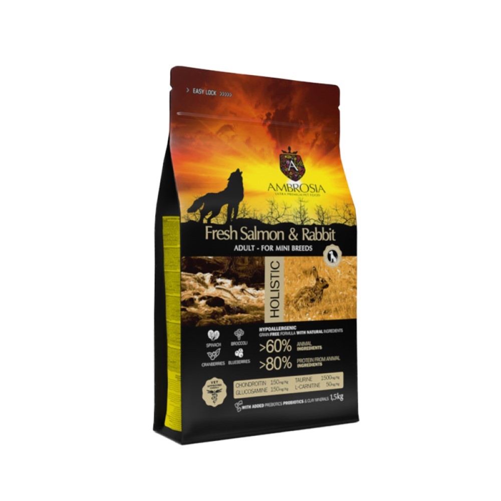 Корм для собак AMBROSIA Grain Free чувствительное пищеварение, лосось и кролик 1,5кг