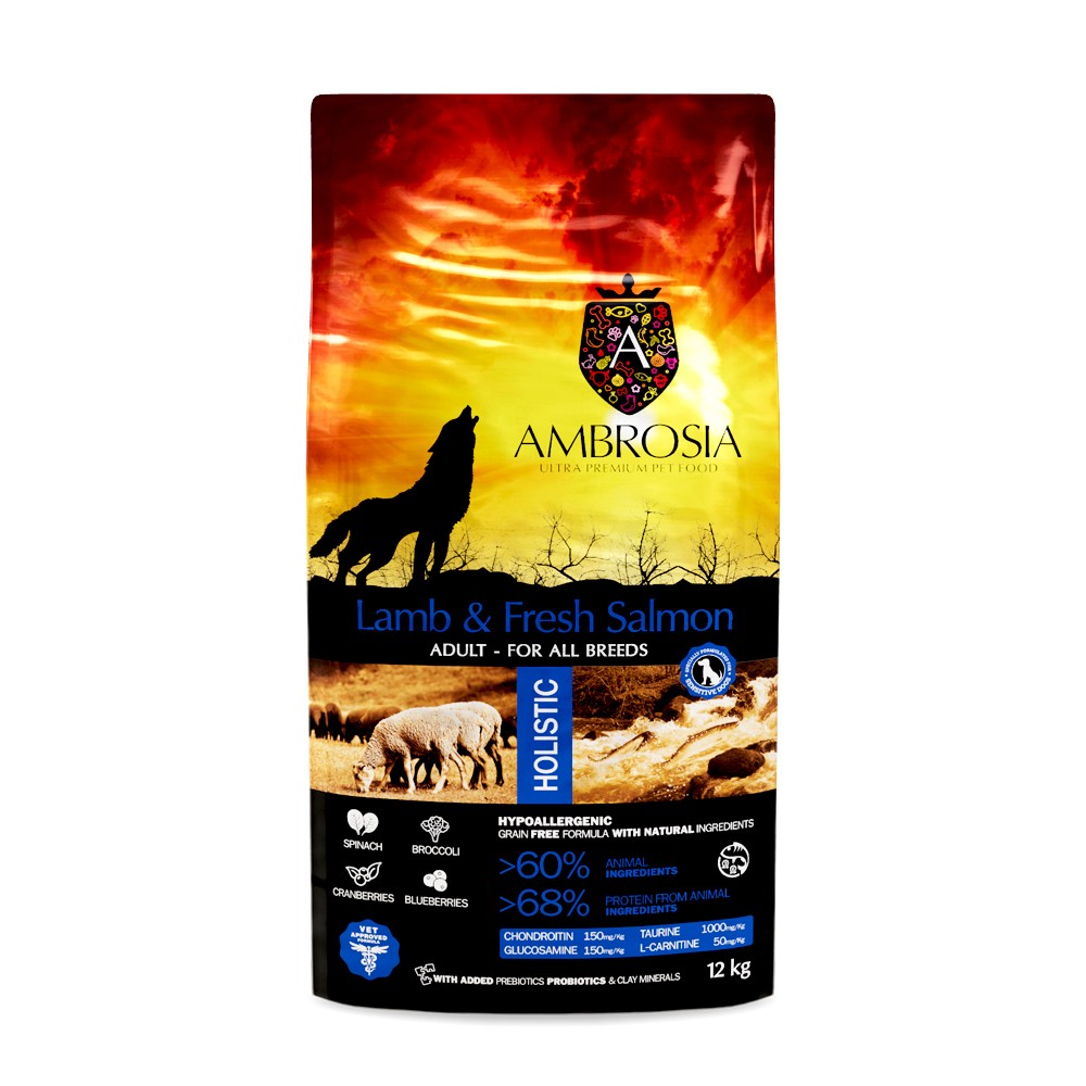 Сухой корм для собак AMBROSIA Grain Free, ягненок и лосось, 12кг