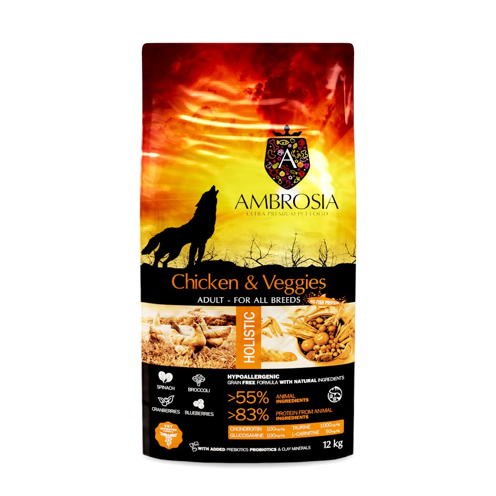 Сухой корм для собак AMBROSIA Grain Free, курица и овощи, 12кг