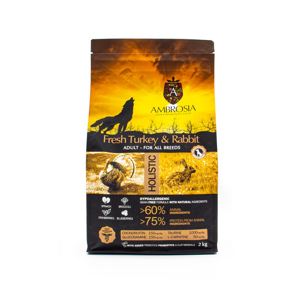 Корм для собак AMBROSIA Grain Free с чувствительным пищеварением, индейка и кролик 2кг