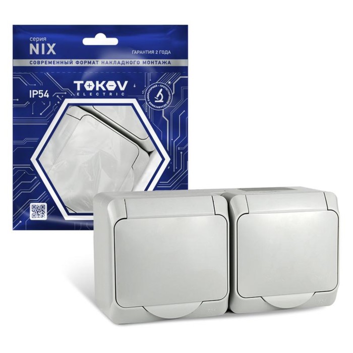 фото Розетка tokov electric, nix, 2-м, 16а, ip54, 250в, с з/к, с кр, серый