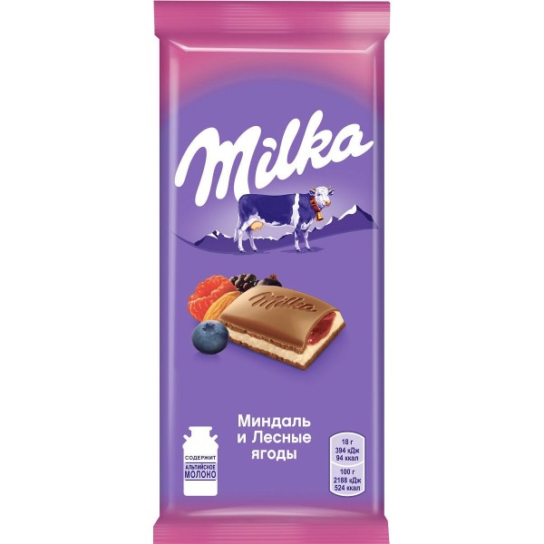 фото Шоколад milka молочный миндаль и лесные ягоды 85 г