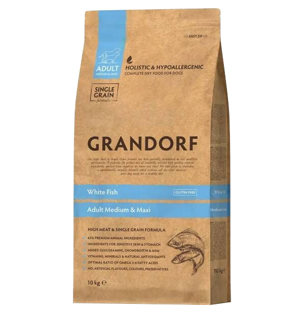 Сухой корм для собак Grandorf Single Grain Adult Medium & Maxi, белая рыба, 10 кг
