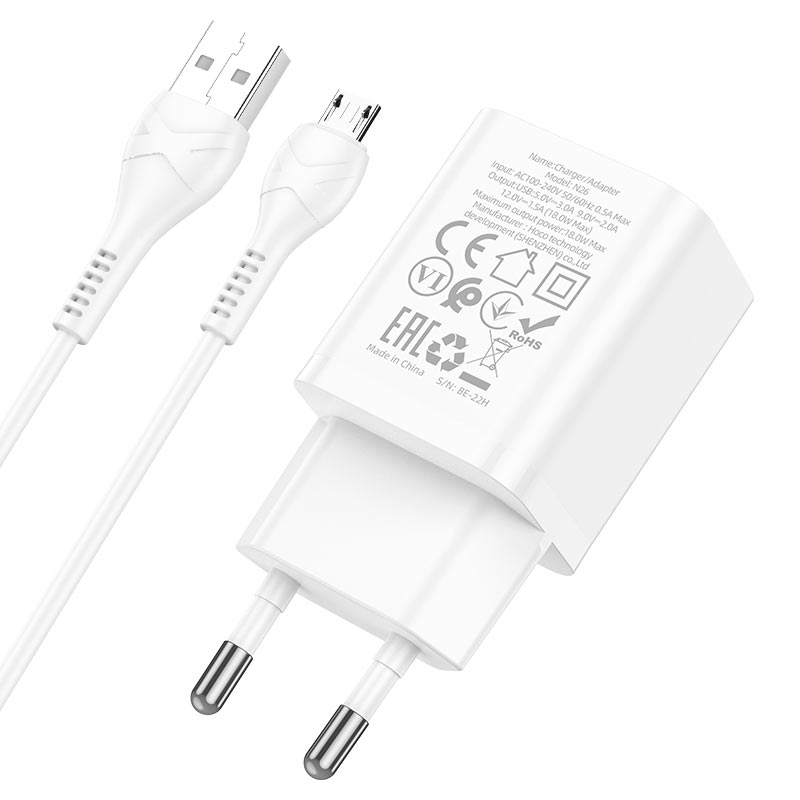

Сетевое зарядное устройство Hoco N26 Maxim + кабель Micro-USB, 3 А, 1 м, белый, N26 Maxim