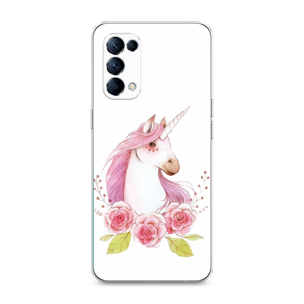 

Чехол для Oppo Reno 5 "Единорог цветы", Белый;розовый;серый, 255250-1