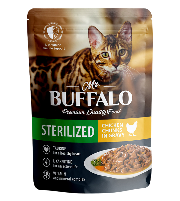 Влажный корм для кошек Mr.Buffalo Sterilized, цыпленок в соусе, 28шт по 85г