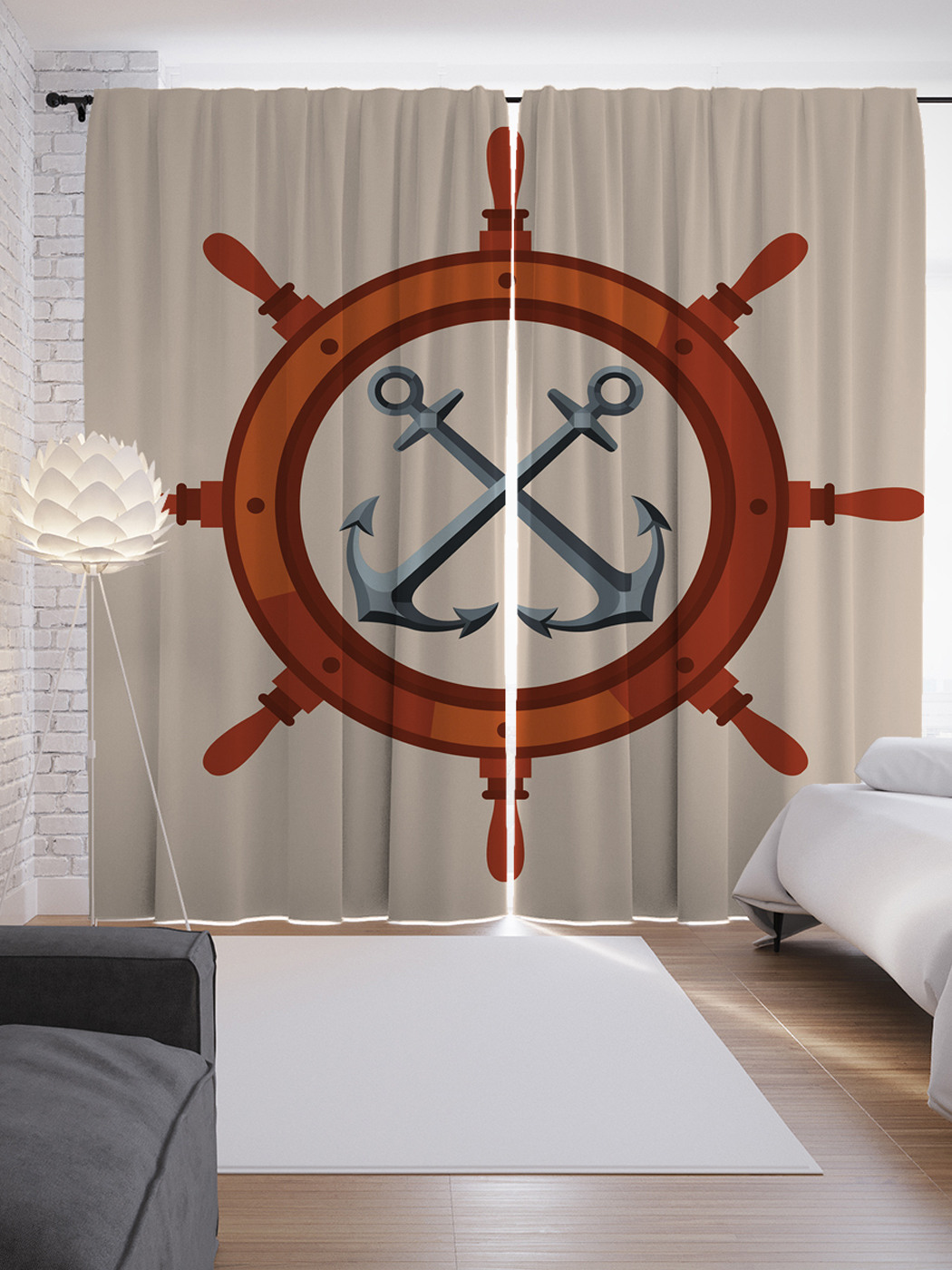 

Шторы с фотопечатью "Якорь и штурвал" из сатена, 290х265 см
